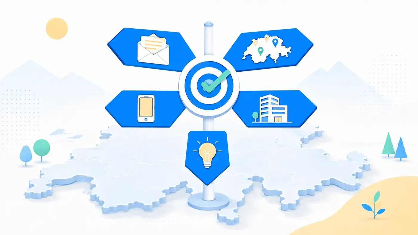 Illustration Proxio — carrefour de flèches bleues (email, carte, mobile, bureaux, idée) autour d'une cible sur une carte de Suisse
